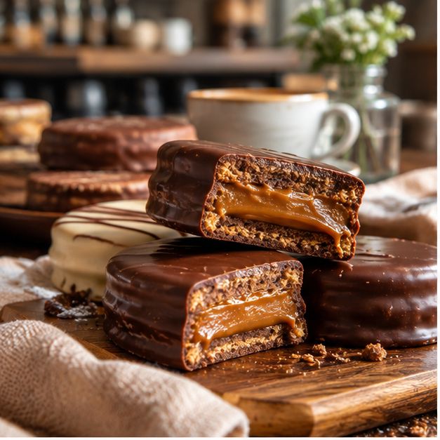 Alfajores de chocolate rellenos de dulce de leche sobre una tabla de madera