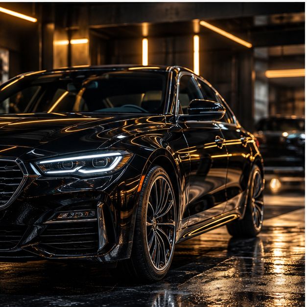 Auto negro pulido en un taller de detailing con luces cálidas