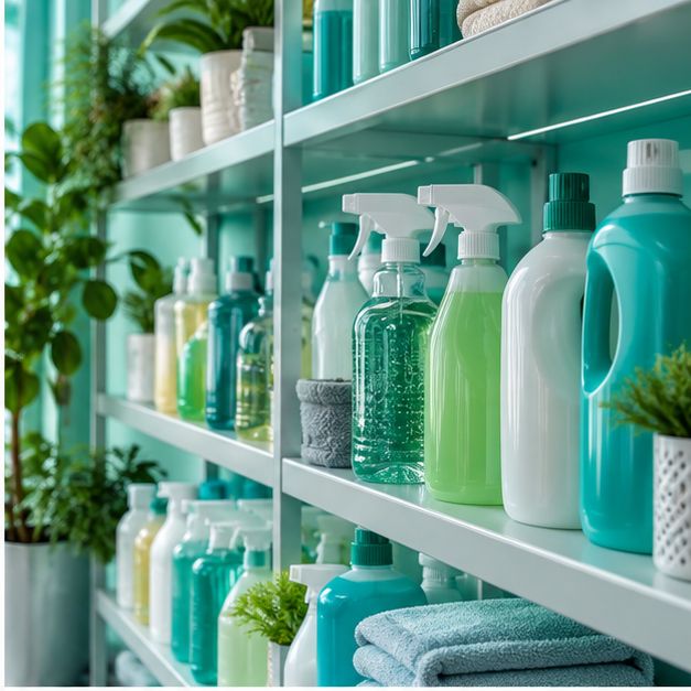 Estantería con botellas y productos de limpieza de tonos turquesa